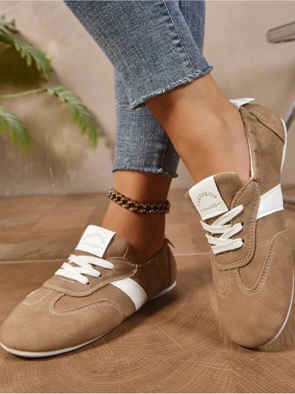 Casual Taupe Suede Sneakers with White Accent -